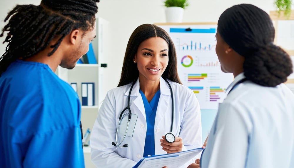 Healthcare professionals collaborating on marketing strategies